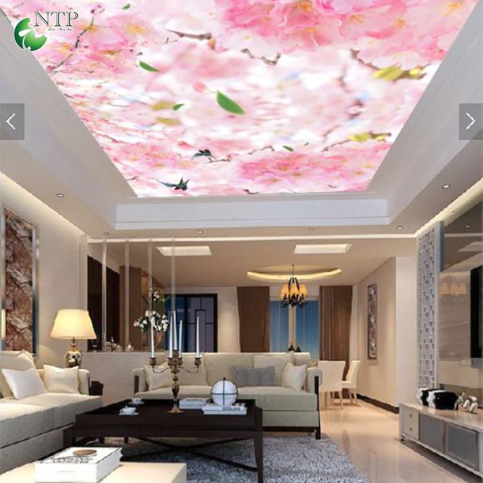 Không gian phòng khách mang vẻ đẹp tinh tế khi sử dụng tranh trần 3D