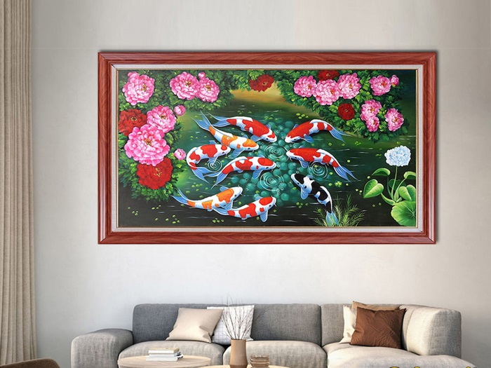 Tranh 3D hoa sen kết hợp với cá mang ý nghĩa sung túc