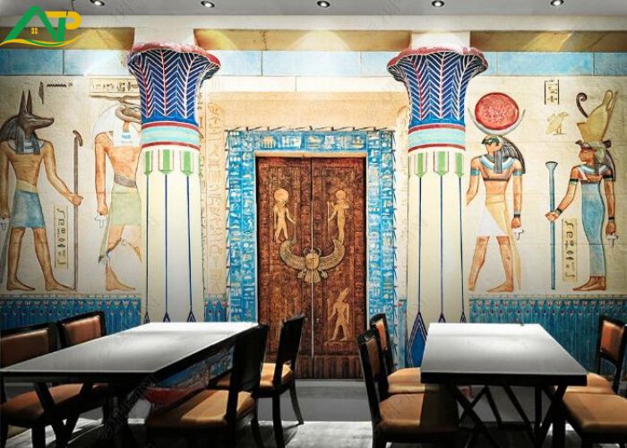 Không gian nhà hàng huyền bí với tranh dán tường Ai Cập
