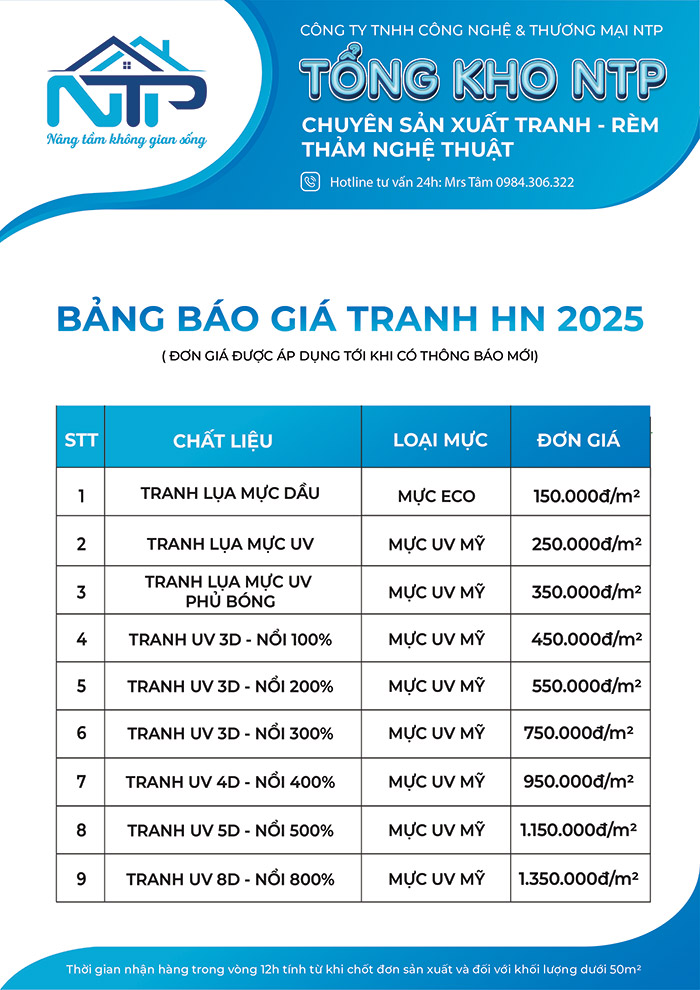 Bảng giá tranh in công nghệ UV mới nhất 2025 tại Tranh 3D NTP