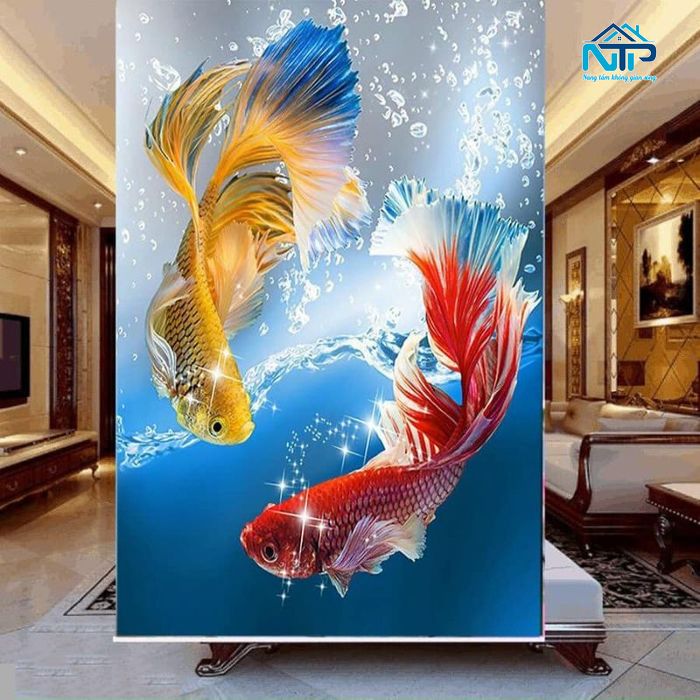 Mẫu rèm tranh song ngư thu hút tài lộc