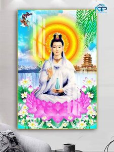 Tranh Phật Bà Quan Âm ngồi trên đài sen