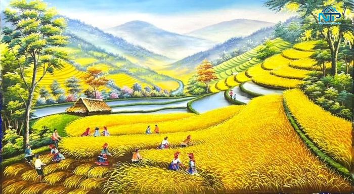 Cảnh mọi người đi gặt lúa được tái hiên chân thực