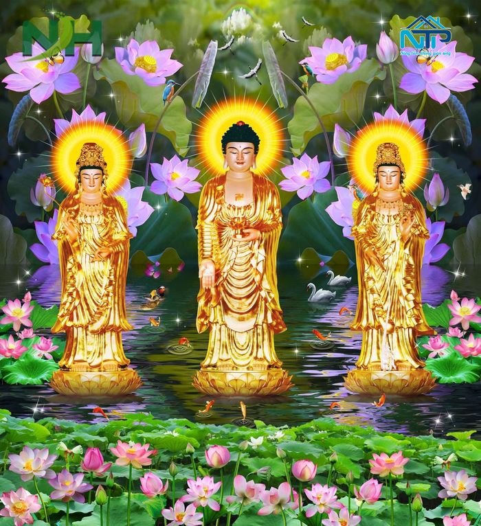 Tranh Tam Thế Phật giữa đầm sen