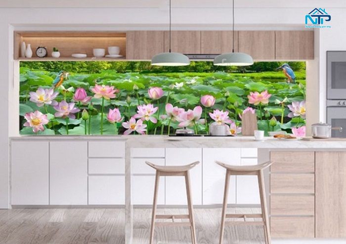 Tranh gạch 3D hoa sen phòng bếp