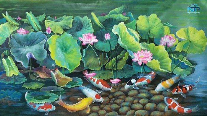 Tranh cửu ngư quần hội đầm sen