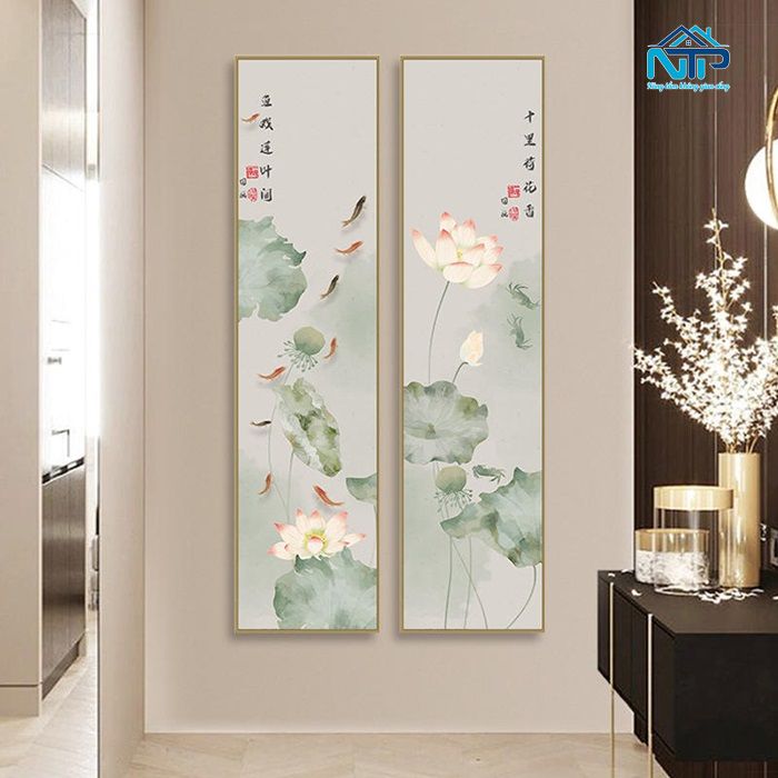 Bộ tranh hoa sen phòng thờ phong cách nhã nhặn