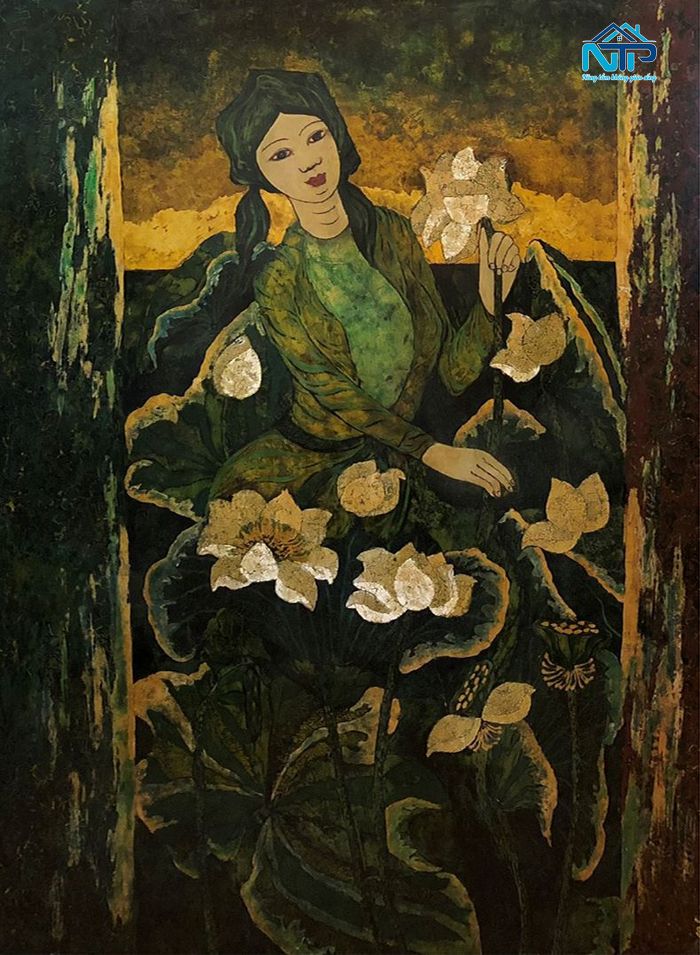 Tranh thiếu nữ đầm sen