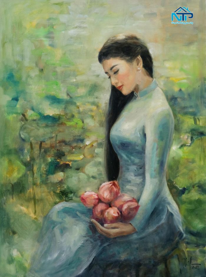 Tranh cô gái dịu dàng ôm bó sen