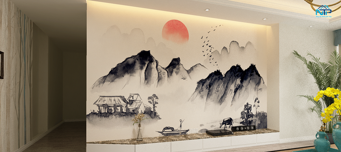 Mẫu tranh dán tường thủy mặc đơn giản, tinh tế