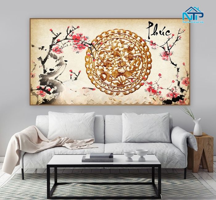 Tranh hoa đào kết hợp hình ảnh thể hiện văn hóa dân tộc